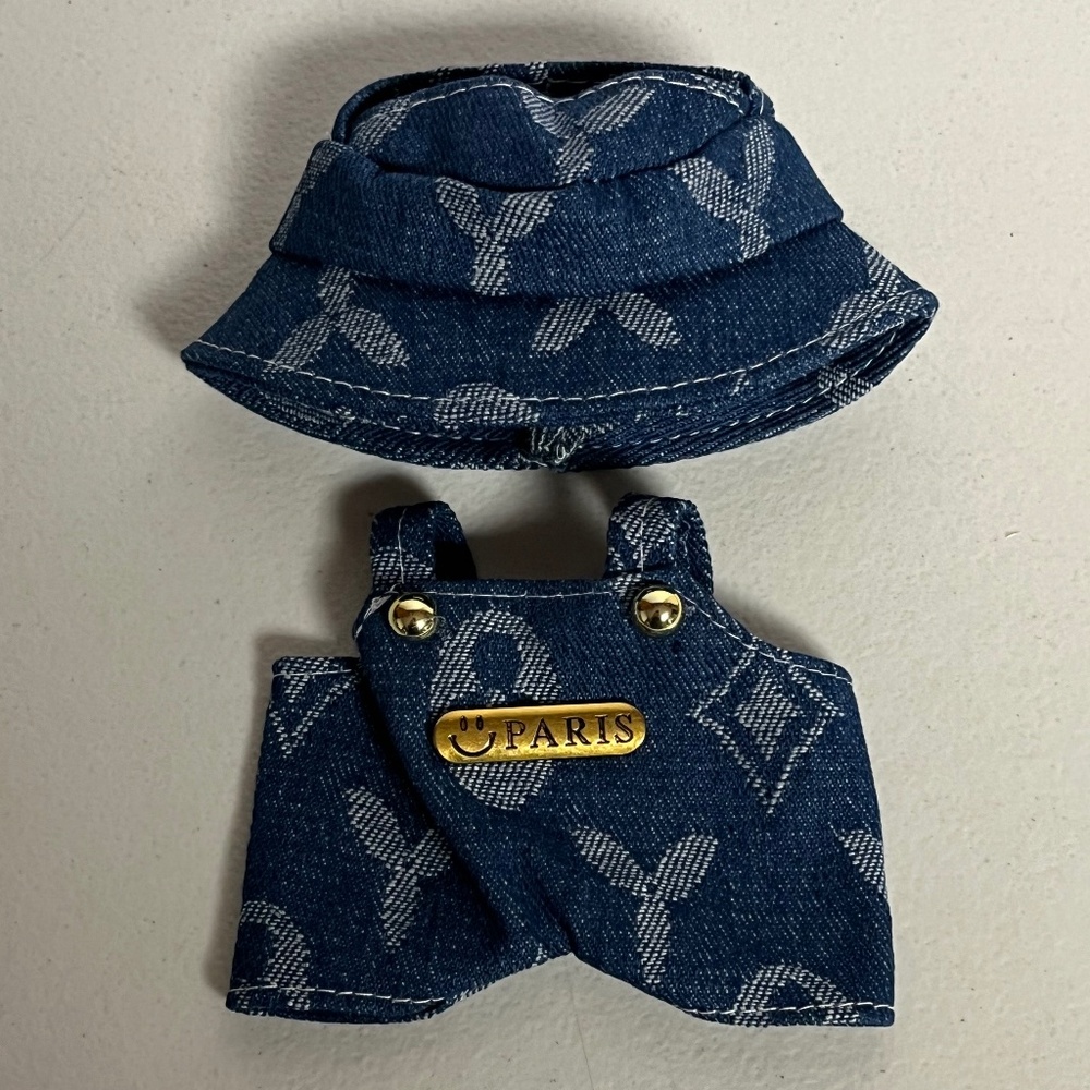 Designer Overalls Bucket Hat 2 Piece Outfit For Labubu Denim Blue